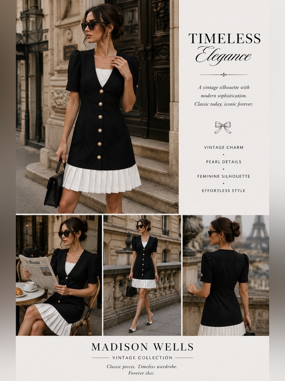 NWT Vintage Madison Wells Black White Pearl Button Pleated Dress 9/10